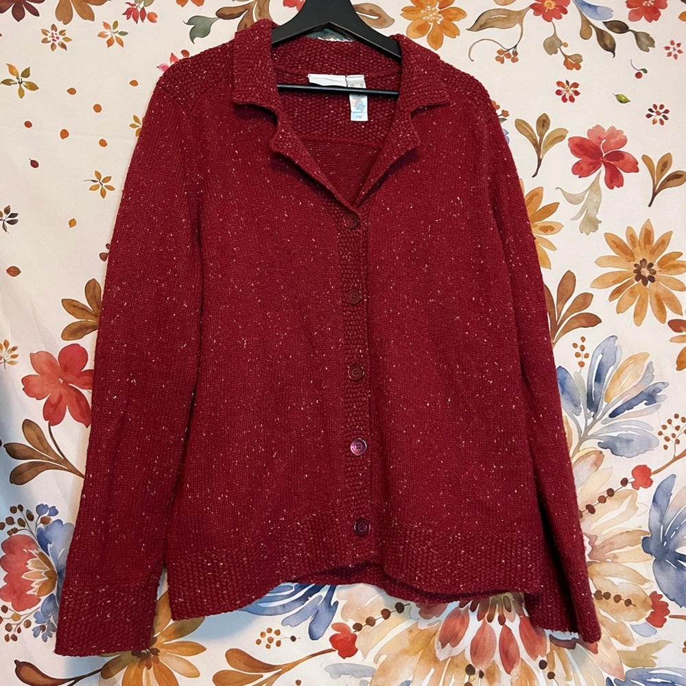 Liz Claiborne XL Red White Chunky Knit Button Down Fall Winter Office Cardigan